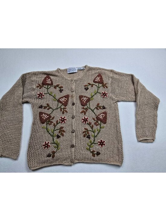 Jantzen Classics Sweaters - Vtg Cottage Core Jantzen Beige Knit Cardigan Embroidered Mushrooms Floral Small